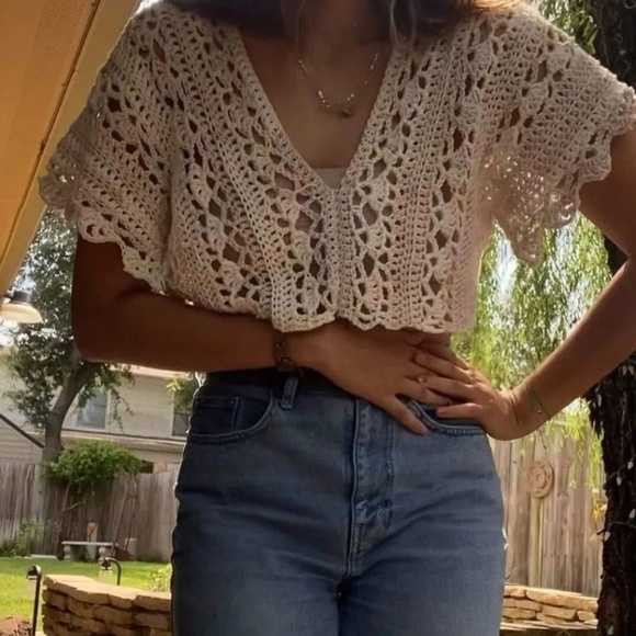 Vintage Tops - Vintage Crochet Button Down Cardigan Short Sleeve Size Medium